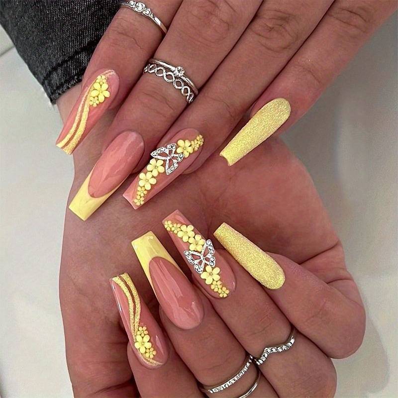 Yellow Glitter Fake Nails Long Coffin Press On Nails With 3d - Temu United  Arab Emirates